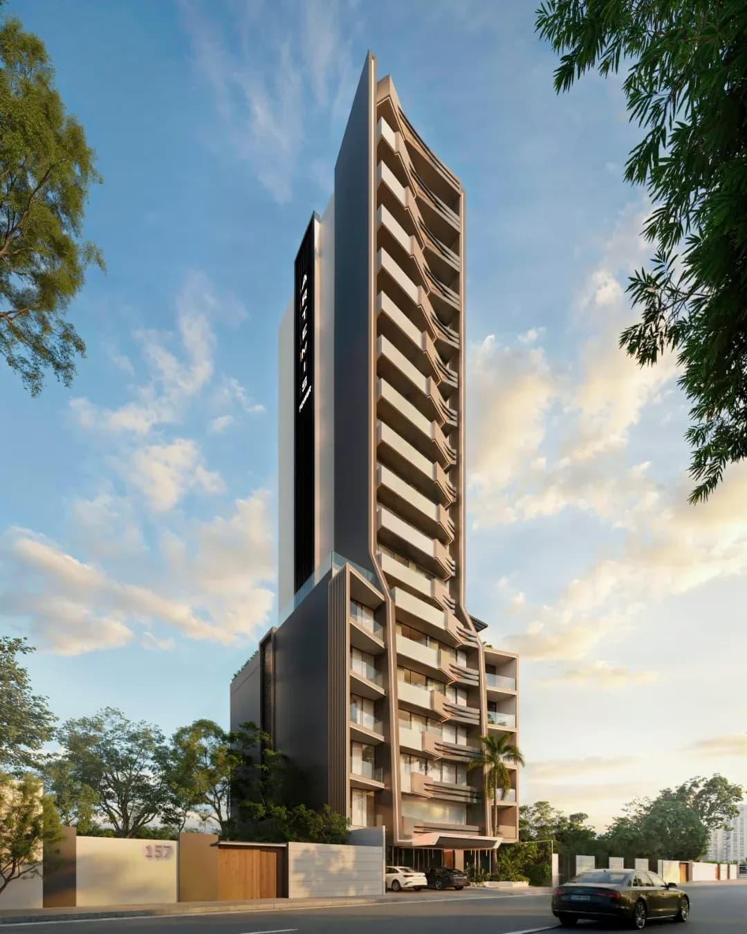 Fachada de torre residencial de lujo con acabados de vidrio, proyecto Artemis