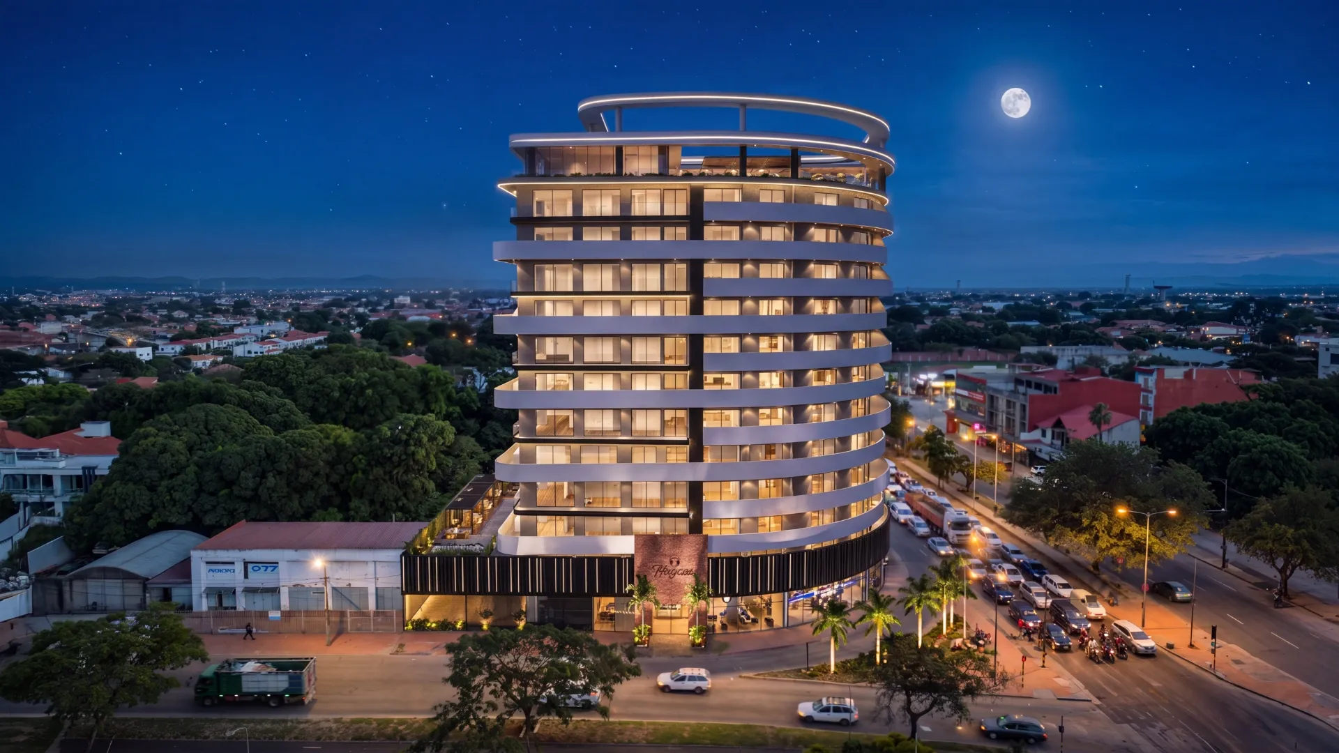 Fachada del proyecto Itagua Face, render nocturno